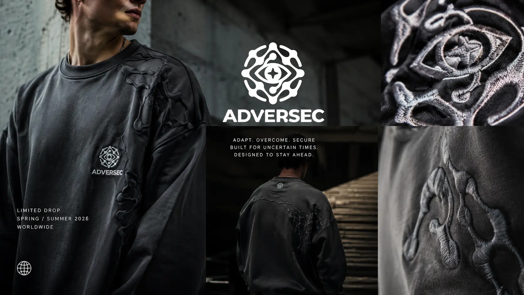 Adversec crewneck merch design mockup — dark, minimal, security-engineering aesthetic